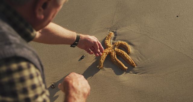Senior handling a starfish on beach sand, showcasing marine life up close. Ideal for themes related to retirement activities, nature exploration, wildlife photography, coastal vacations, and environmental conservation.