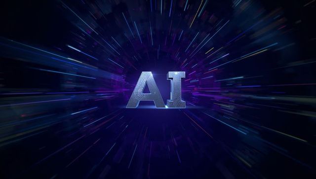 Glowing Metallic AI Letters Radiating Neon Data Tunnel with Radial Speed Light Streaks