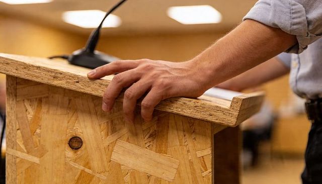 Blue-shirted presenter gripping osb lectern while resting hand on microphone at hearing