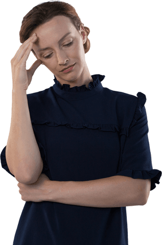 Thoughtful Caucasian Woman Holding Head in Contemplation