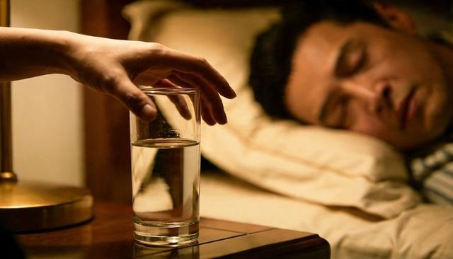 Hand reaching for glass of water on nightstand beside sleeping man under warm lamp glow