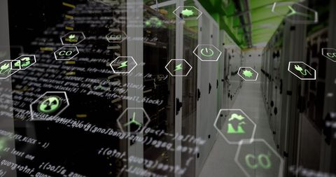 Green energy iot icons overlaying modern data center