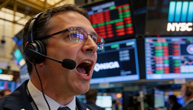 Energetic trader shouting on trading floor with headset and glasses reflecting tickers