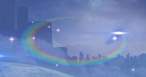 Futuristic cosmic skyline with translucent rings floating