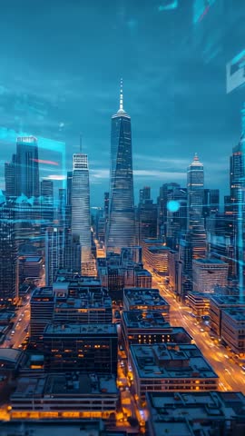 Gliding toward spire tower through neon data overlays over futuristic metropolis at dusk