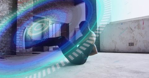 Athletic Man Performing Core Exercises in Futuristic Overlay