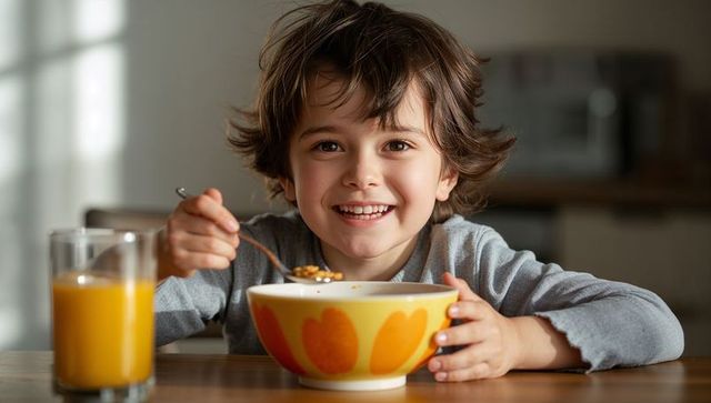 Smiling boy enjoying cereal breakfast at kitchen table with orange juice and heart bowl