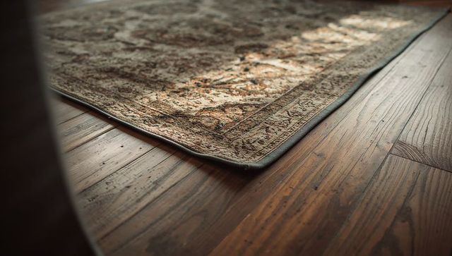 Ornate area rug corner resting on dark hardwood floor with textured woven border