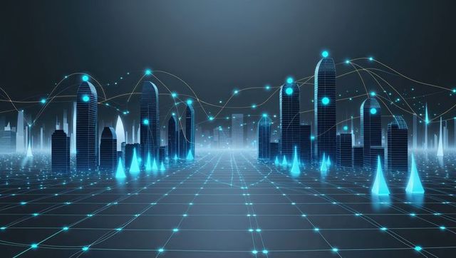 Innovative digital cityscape with neon grid and technology elements