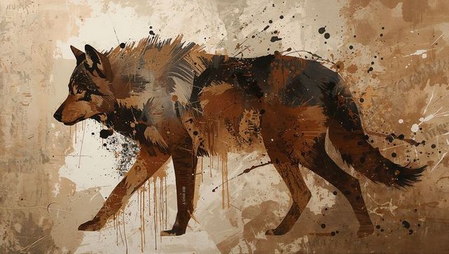 Painterly wolf walking left with paint splatters, drips and rustic textured brown canvas
