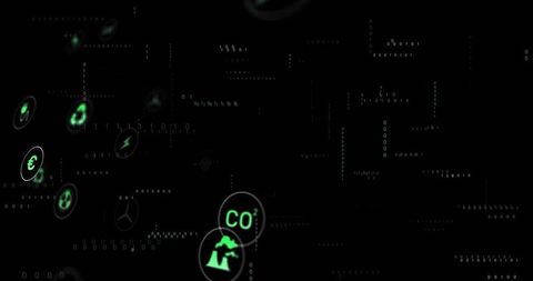 Glowing CO2 Token Hovering Over Digital Dashboard With Emissions, Energy, Finance Icons
