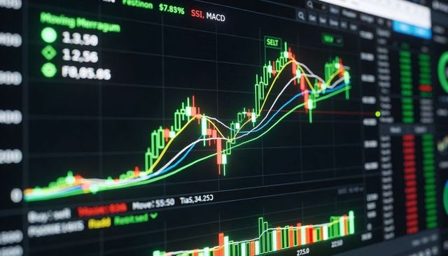 Candlestick trading chart showing moving averages, volume bars and sell signal on dark dashboard