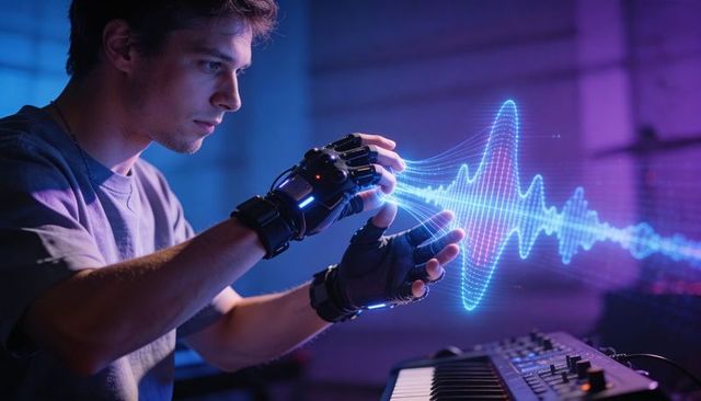 Electronic Musician Wearing Haptic Gloves Shaping Holographic Audio Waveform over Synth