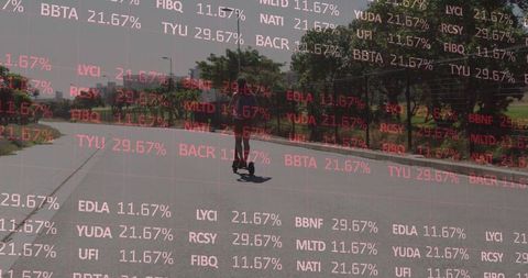 Man on Electric Scooter with Stock Ticker Overlay in Suburban Scene