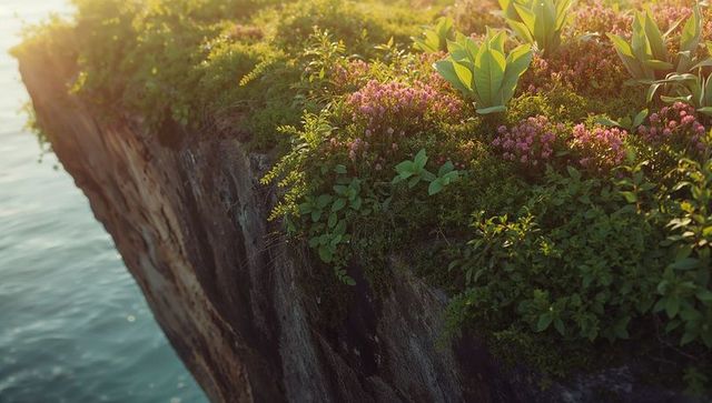 Vibrant Pink Blooms on Rocky Cliff Overlooking Water