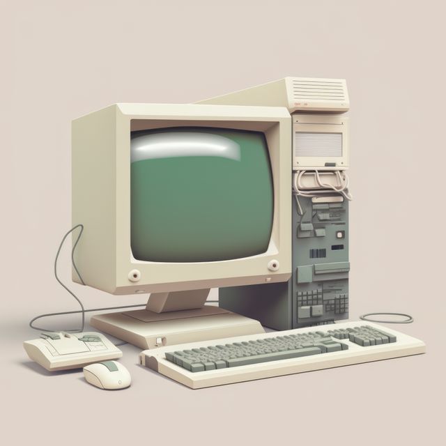 Depicting a classic desktop computer from the 1980s, this image features a CRT monitor, an old keyboard, and a wired mouse, evoking strong nostalgia for vintage technology. Ideal for use in articles about the history of computing, retro technology blogs, or computer technology educational materials. This visual illustration is perfect for emphasizing the evolution of technology or for adding a retro feel to designs regarding past tech innovations.