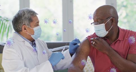 Doctor Administering Vaccine to Patient with Digital Virus Illustrations