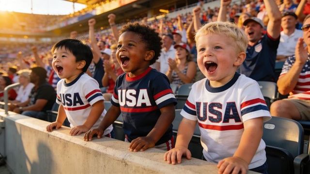 Cheering young fans wearing usa shirts leaning over barrier at golden-hour packed stadium