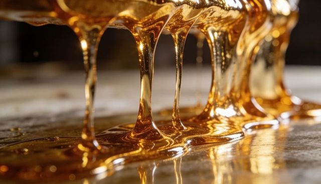 Pouring golden honey forming glossy strands and reflective amber rivulets