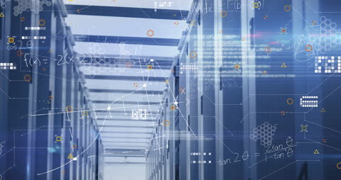 Futuristic Data Center with Digital Overlay of Mathematical Equations