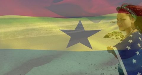 Tourist embracing tranquility at beach with national pride symbol