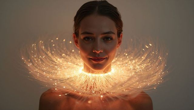 Woman wearing glowing fiber-optic collar creating luminescent halo and warm bokeh