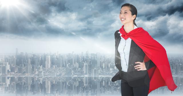 Confident businesswoman wearing superhero cape with hands on hips, overlooking a city skyline against a dramatic sky. Ideal for concepts of ambition, empowerment, leadership, and success in the corporate world. Perfect for promotional materials, inspirational content, or corporate training resources.