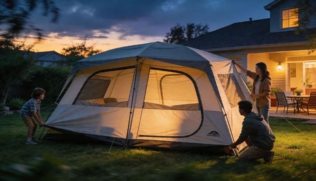 Family pitching large dome tent in backyard at twilight with warm lantern glow