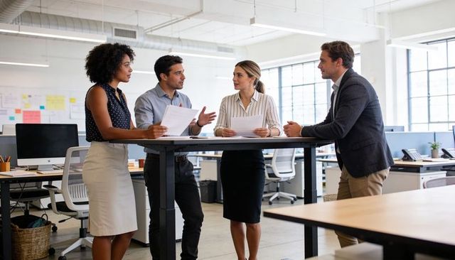 Diverse team collaborating at standing desk reviewing documents in bright modern office