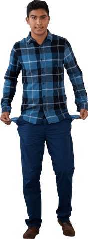 Transparent full length portrait of man with empty pockets