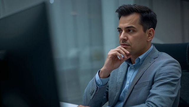 Thoughtful executive studying monitor at workstation, professional man wearing blazer
