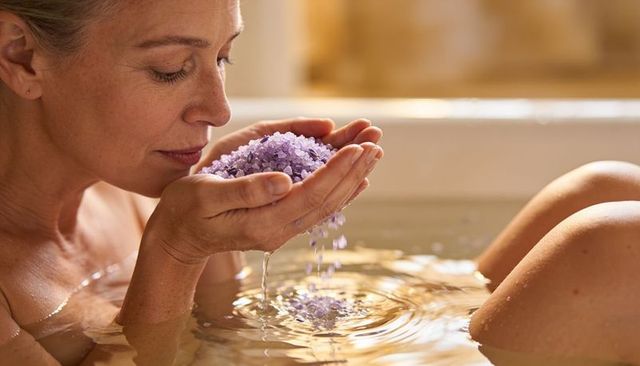 Middle-aged woman inhaling lavender bath crystals while soaking in warm relaxing tub