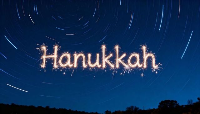 Hanukkah sparkler lightpainting crossing night sky with star trails and silhouetted hills