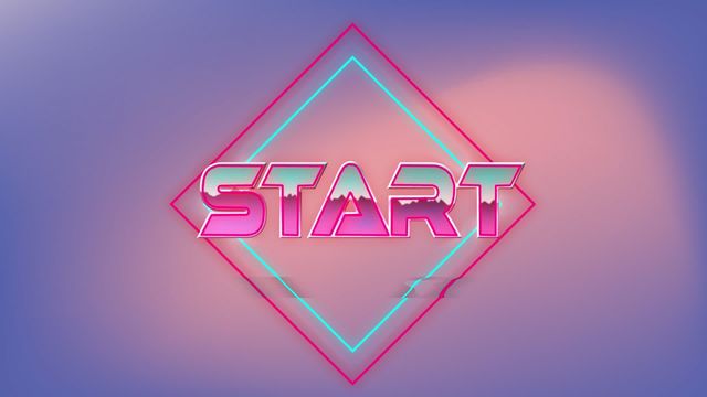 Vivid, neon colors surround stylized 'START' expressing dynamic retro charm. Figures in background display modern geometric pattern inspired by vintage esthetic. Suitable for digital campaigns involving themes from gaming to creative preprocessing; nostalgia-driven project ideas excel ideally with promotional material integrations and versatile utilization points stated pointedly engaged effectively.