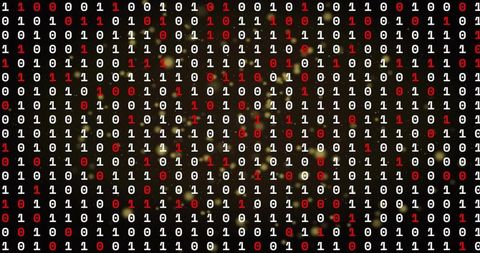 Abstract Binary Code Grid with Red Highlighted Digits over Blurred Gold Tech Backdrop