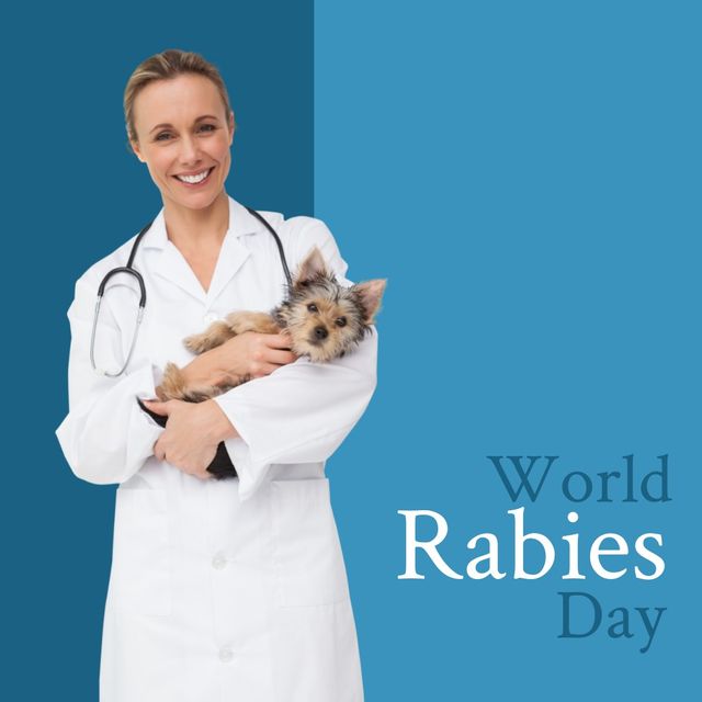 World rabies day text banner and caucasian female vet holding a dog smiling against blue background. World rabies day awareness concept