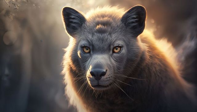 Gazing wolf-like canine locking amber-eyed stare in misty forest backlight portrait