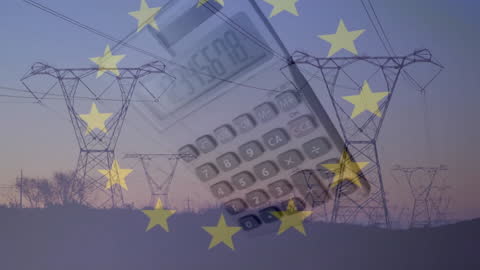 EU Financial Concept with Calculator and Electricity Pylons