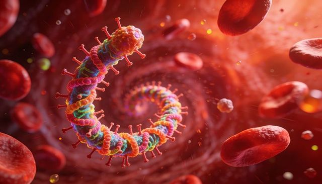 Helical viral filament rotating in blood vessel with spike proteins and red blood cells