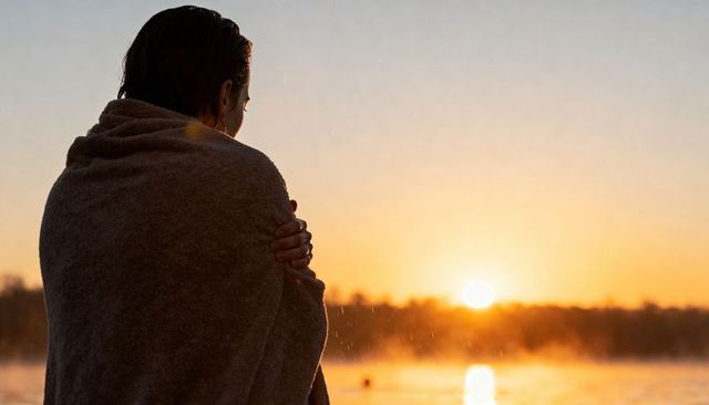 Woman standing wrapped in towel watching sunrise over misty lake
