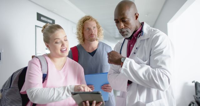 Medical Team Discussing Patient Data in Hospital Corridor - Download Free Stock Images Pikwizard.com