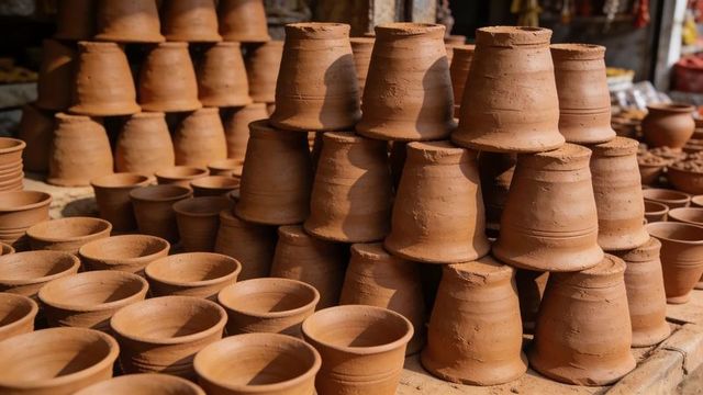 Sunlit stacks of terracotta pots at pottery workshop displaying rustic earthenware vessels