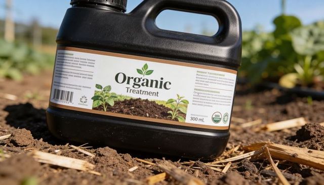 Resting organic treatment jug on garden soil with seedlings and drip irrigation