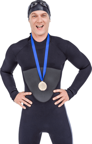 Triumphant Swimmer Celebrating Gold Medal Achievement Transparent