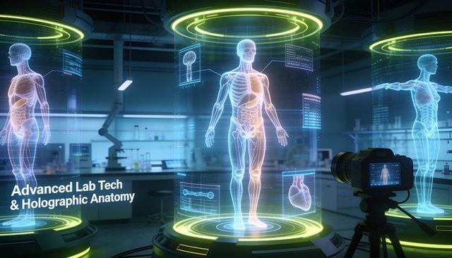 Holographic human anatomy display in advanced lab featuring neon biotech scanners