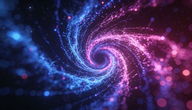 Cyan-magenta spiral vortex of glowing particles and bokeh orbs in cosmic nebula