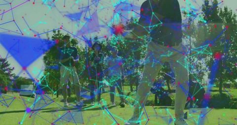 Golfer swinging on tee box with futuristic digital network overlay