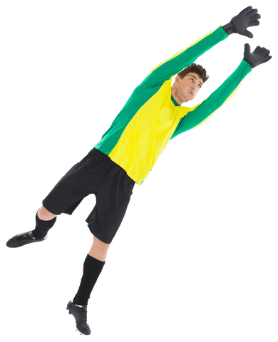 Caucasian Male Goalkeeper Jumping in Mid-Air on Clear Background