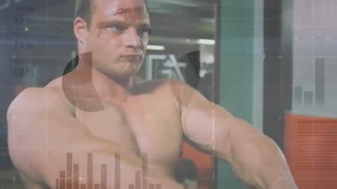 Muscular man gripping kettlebell and lifting to chest with HUD strength metrics overlay