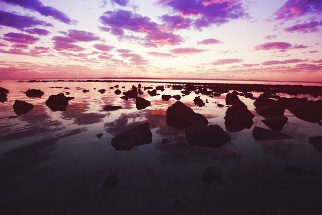 Peaceful Coastal Sunset with Reflections Over Rocky Shore - Download Free Stock Photos Pikwizard.com